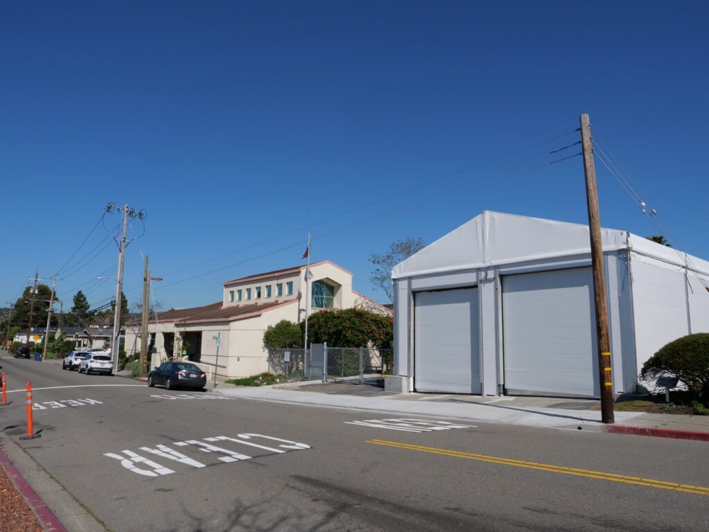 Photo of the front view of Interim Alameda County Fire Department Station 25 in Castro Valley, Ca